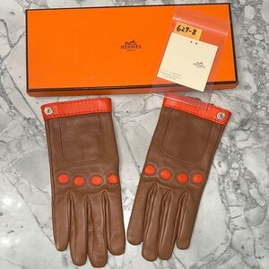 Hermes Brown Leather Gloves with Orange Accents
